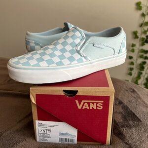 Vans Baby Blue/True White Checkerboard Slip-On Sneaker Women's 7.5